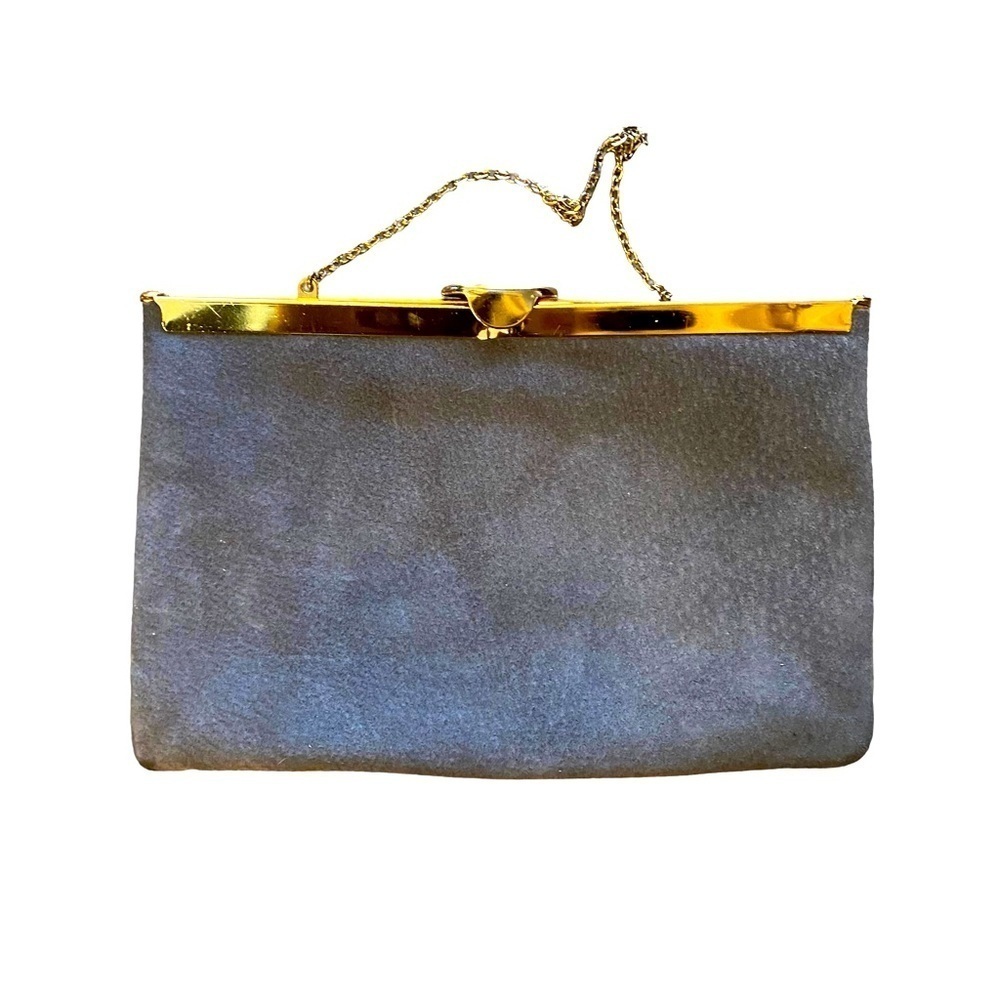 Vintage 70’s ETRA Gray Suede Fold Open Clutch Handbag w/ Gold-tone Trim & Chain